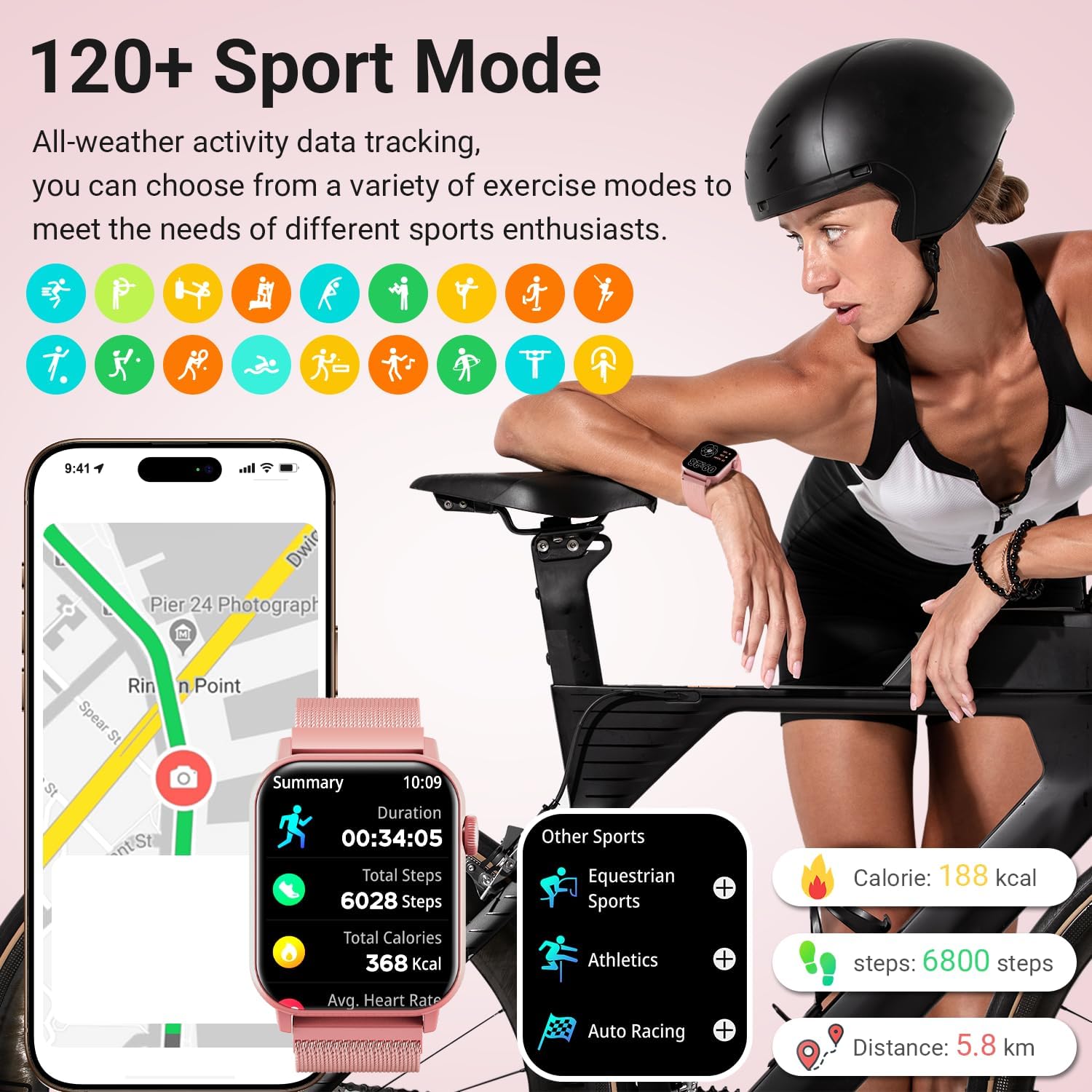 Smart Watches for Women, 1.83" HD Fitness Tracker (Answer/Make Calls), 120+ Sport Modes with Heart Rate/Sleep Monitor, IP68 Waterproof, 3 Bands, Fitness Watch for iOS Android, Pink - Image 3