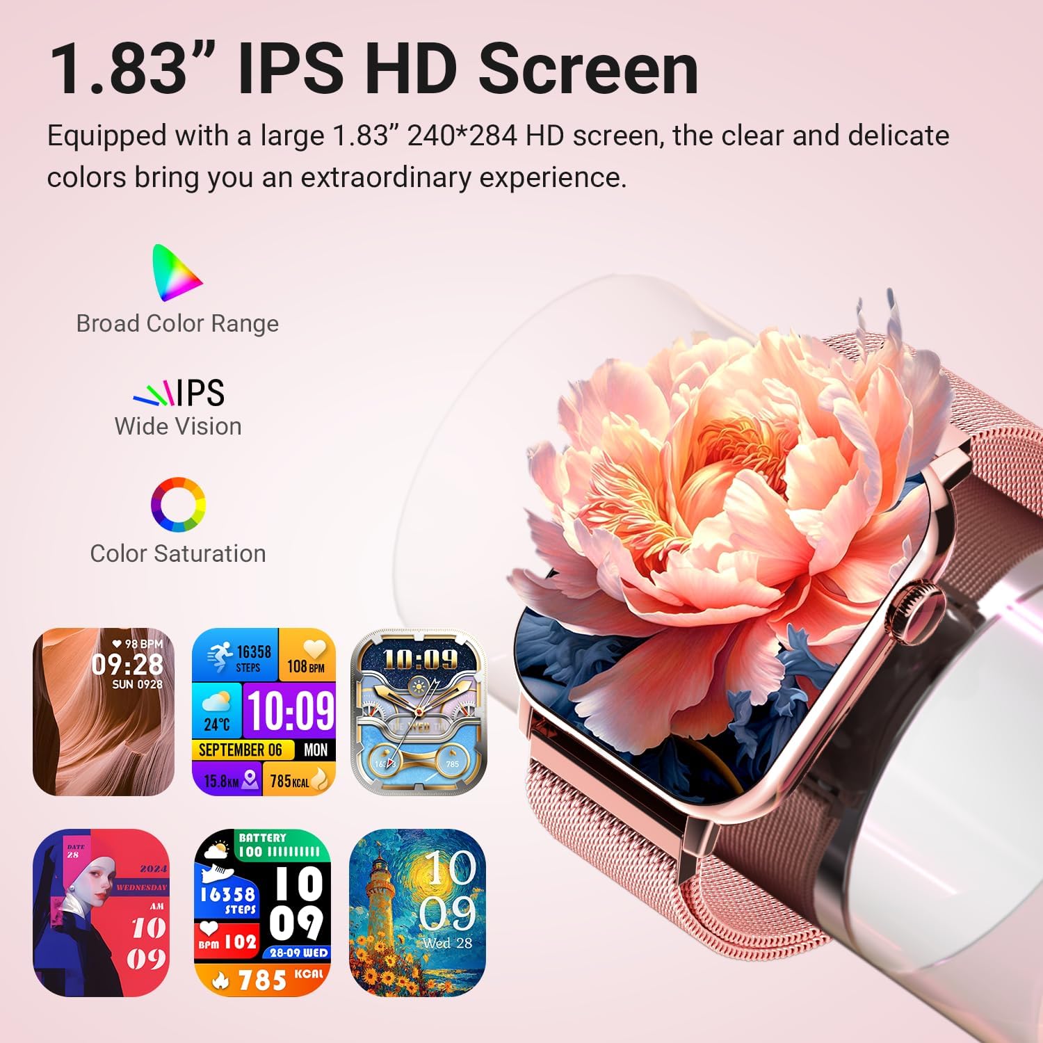 Smart Watches for Women, 1.83" HD Fitness Tracker (Answer/Make Calls), 120+ Sport Modes with Heart Rate/Sleep Monitor, IP68 Waterproof, 3 Bands, Fitness Watch for iOS Android, Pink - Image 6