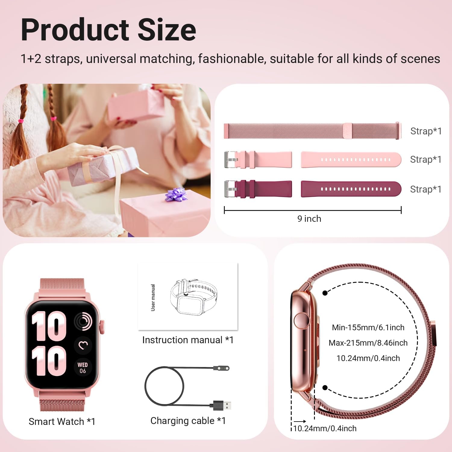 Smart Watches for Women, 1.83" HD Fitness Tracker (Answer/Make Calls), 120+ Sport Modes with Heart Rate/Sleep Monitor, IP68 Waterproof, 3 Bands, Fitness Watch for iOS Android, Pink - Image 7